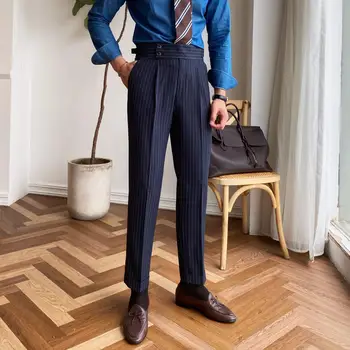 2023 Высококачественные Деловые Повседневные Драпированные Брюки с высокой талией, Мужские официальные брюки в полоску, Мужские Официальные офисные брюки для светского костюма P49
