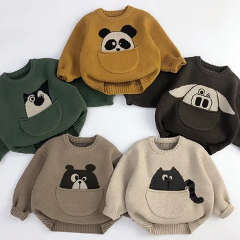2023 Детские свитера с животными, Поросенок, Медведь, Собачка, Модный пуловер для мальчиков и девочек, Свободный трикотаж, Хлопковая весенне-осенняя одежда