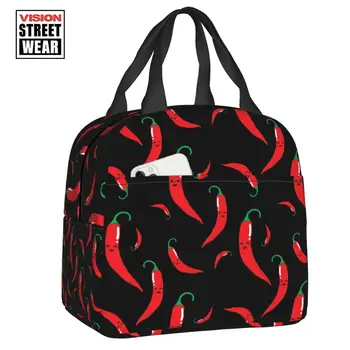 2023 Новый Изготовленный на заказ Кавайный узор из красного перца Чили на черной сумке для ланча, женская сумка-холодильник, теплый изолированный ланч-бокс для учащихся школы