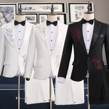 2023 Новый мужской костюм с приклеивающимися кристаллами, подходящий по цвету к свадебному банкету, костюм для фотосессии певца, хора, двойка