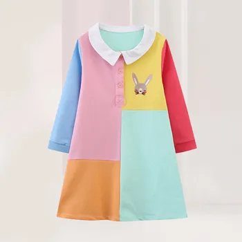 2023, яркое платье поло с длинными рукавами для маленьких девочек, детская осенняя повседневная одежда с милым кроликом для девочек 1-6 лет