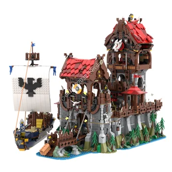 4916ШТ Башня Волчьей стаи и средневековый корабль - Классическая модель замка MOC, Большая Средневековая коллекция, Строительные блоки, набор игрушек