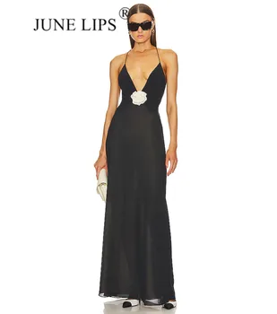 JUNE LIPS/ Черное сексуальное женское длинное платье на бретельках с глубоким V-образным вырезом и декоративной открытой спиной в цветочек, облегающее коктейльное платье для клуба знаменитостей