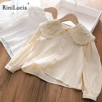 RiniLucia / Новинка 2023 года, блузки для маленьких девочек, однотонные рубашки с длинными рукавами и цветочным кружевом с лацканами для девочек, Милая детская рубашка, Осенние детские топы