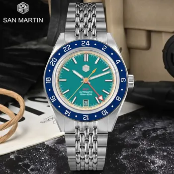 San Martin Модный бренд GMT 39,5 мм Мужские спортивные часы Япония NH34 Автоматические Механические Водонепроницаемые 100 м BGW-9 Светящиеся Reloj