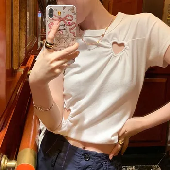 Whie /Черная тонкая футболка с полым дизайном Love, двухцветная универсальная повседневная Корейская версия, Летняя новинка 2023 года, Женская футболка с короткими рукавами