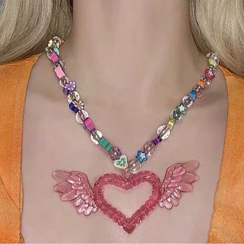 Акриловые ожерелья с подвеской в виде крыла сердца любви для женщин Панк Пентаграмма Булавка Ожерелье Y2K Ювелирные изделия Эстетика 90-х Стиль Подарки для вечеринок