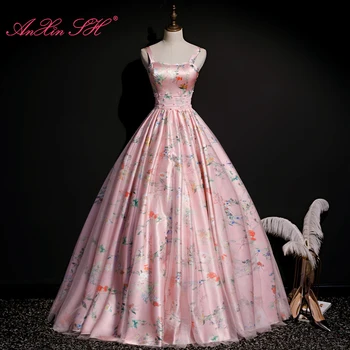 Аньсинь Ш. принцесса розовый цветок атласная спагетти ремень без рукавов вечеринки винтаж невесты на шнуровке с цветочным принтом, узлом вечернее платье