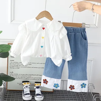 Весенне-осенний повседневный комплект для девочек, однотонная хлопковая рубашка, джинсы, милая одежда для девочек, комплект из двух предметов, Корейская версия от 1 до 5 лет