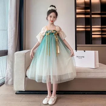 детский костюм Ханфу для девочек эпохи Тан, платье феи, вечерние платья принцессы в китайском стиле, тюлевая летняя одежда от 3 до 16 лет