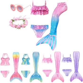 Детский купальный костюм Русалки с хвостами для девочек, костюмы Русалки с моноластами, детский пляжный купальник-бикини, костюм Русалки для вечеринки, косплей-костюм