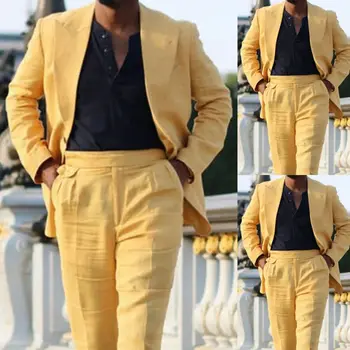 Желтый льняной мужской костюм terno masculino, повседневный летний деловой костюм для вечеринки, банкета, костюм homme, куртка, Брюки