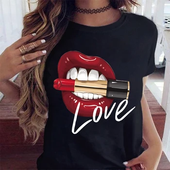 Женские топы с круглым вырезом, сексуальные черные футболки, забавная летняя женская мягкая футболка с акварельным рисунком губ, футболка Top9180