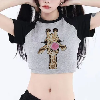 Жираф, дрянной корейский модный укороченный топ 90-х, женская винтажная футболка kawai, дрянная готическая укороченная футболка