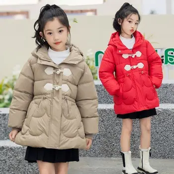 Зимнее Новое Хлопчатобумажное пальто Для девочек 2023 Года, Корейское Издание, Детская Зимняя куртка на Утолщенном Пуху Средней длины С капюшоном для девочек