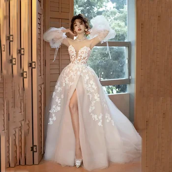 Изящное свадебное платье с декольте из иллюзионной сетки, Элегантное свадебное платье со шлейфом в виде часовни со съемными пышными рукавами-пузырями