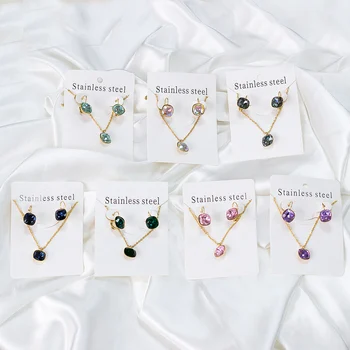 Квадратный многоцветный хрустальный кулон Ожерелье Серьги Набор ювелирных изделий из нержавеющей стали для женщин Подарочные украшения для вечеринок Оптом