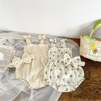 Комплект детского боди из 2 предметов, комбинезон с цветочным рисунком для маленьких девочек + повязка на голову с бантом, Мягкая дышащая летняя одежда для новорожденных