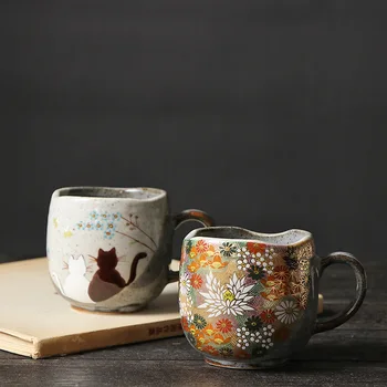 Кружка с золотым цветком ручной работы в японском стиле Кутани Яки, кофейная чашка для кошки, керамическая чашка для чая ручной работы, подарок на день рождения