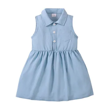 Летнее платье для девочек, синий сарафан без рукавов с отворотом, детское хлопчатобумажное платье принцессы, детские платья, детская одежда 18 м-6 лет