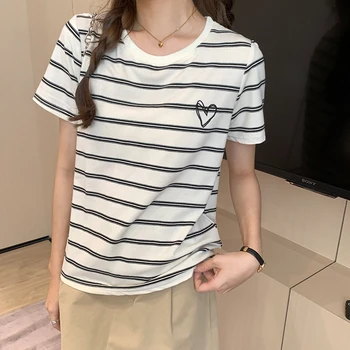 Летние свободные футболки в винтажную полоску для женщин, новинка 2023 года, повседневная рубашка с круглым вырезом и коротким рукавом, Корейский шикарный топ для женщин