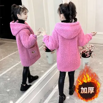 Модная куртка из овечьей шерсти для девочек, осень-Зима, Детская Плюшевая Бархатная одежда средней Длины, детское пальто с капюшоном XMP372