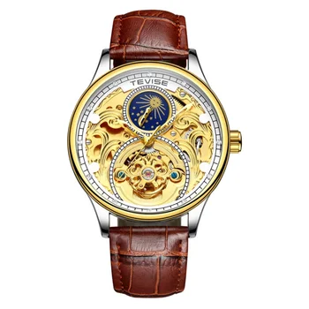 Модные винтажные мужские часы люксового бренда с выдалбливаемым дизайном, часы из кожи с автоматическим турбийоном и фазой Луны