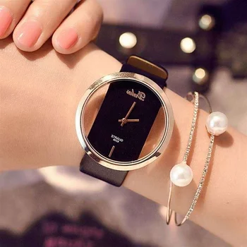Модные часы-браслет со скелетом, женские Роскошные наручные часы с кожаным ремешком, аналоговые кварцевые женские часы, женское платье, женские часы