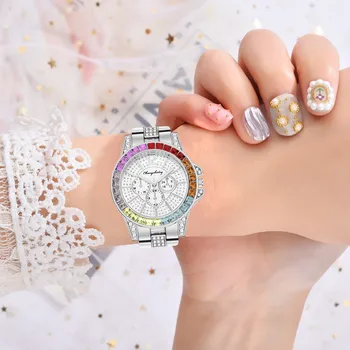 Модные часы со стальным ремешком с бриллиантами, кварцевые часы с разноцветными стразами, женские роскошные универсальные часы Reloj Para Mujer