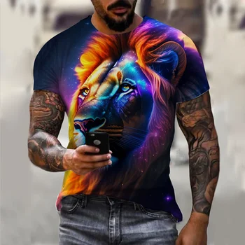 Мужская футболка с изображением красочного льва в одежде животных, летняя футболка с 3D-принтом с круглым вырезом и коротким рукавом, повседневная мода