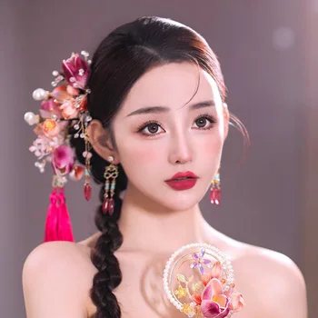 Новая Китайская Невеста Ручной работы, Бархатный цветок, Заколки для древнего костюма, Свадебные Аксессуары для волос