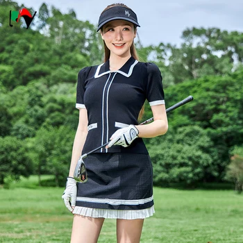 Новый черный костюм MY Golf, Элегантная рубашка с пышными рукавами, трикотажный топ, джерси, Тонкая юбка-скинни, женская одежда для гольфа, костюм