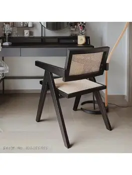 Обеденный стул из цельного дерева в скандинавском стиле, домашний ретро-стул из ротанга для учебы, спинка для обучения макияжу, офисный стол, стул для спальни
