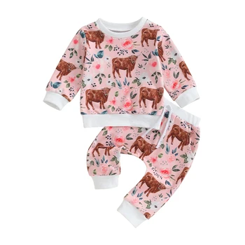 Одежда в западном стиле для маленьких мальчиков и девочек, толстовка большого размера с милыми буквами с длинным рукавом и штаны с коровьим кактусом, одежда для малышей