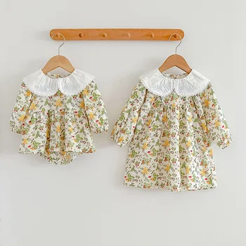 Одежда для девочек-сестер, осенне-весенний детский комбинезон, платье с кукольным воротником с вышивкой для девочек, детская одежда от 0 до 6 лет