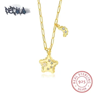 Ожерелье из стерлингового серебра S925 для женщин, изысканное колье с микроинсетом, циркон, Луна, звезда, панк-ювелирные изделия, подарок на годовщину, 18-каратное золото