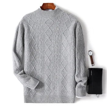 Осенне-зимний Новый мужской свитер с полувысоким воротником из 100% натуральной кожи, пуловер с длинным рукавом, Вязаный шерстяной топ с подкладкой для делового отдыха.
