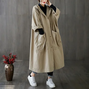 Осенне-зимний тренч с капюшоном, Женская Модная ветровка с большим карманом и длинным рукавом, Корейская верхняя одежда, Женская Повседневная одежда G1709