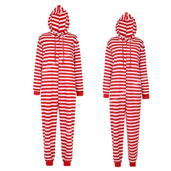 Пара рождественских пижам больших размеров, комбинезоны в красную и белую полоску для взрослых, комбинезон на молнии, пижамы с капюшоном