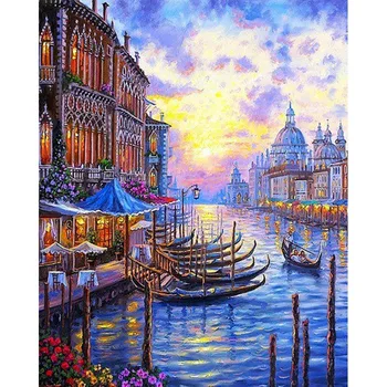 Пейзаж с закатом в Венеции, рисование по номерам для взрослых, рисование акриловыми красками, картина маслом, рамка ручной работы, домашний декор