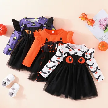 Платье для девочек на Хэллоуин, Детское платье с длинным рукавом и принтом глаз, Модное Сетчатое платье принцессы с мультяшной строчкой, одежда для маленьких девочек от 1 до 5 лет