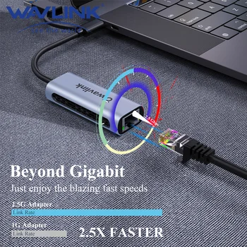 Портативный Ethernet-адаптер Wavlink 2.5G USB C RJ45 Hybrid 2-в-1, совместимый с ноутбуком Thunderbolt 3 Для Mac, Windows и Linux
