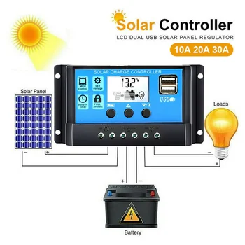 Солнечный контроллер заряда 12V 24V PWM 10A 30A с регулируемым ЖК дисплеем Солнечный регулятор с двумя портами USB 5V Автоматическая настройка таймера