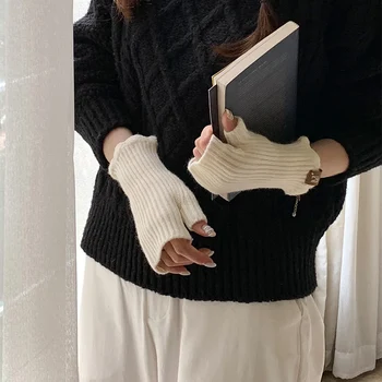 Шерстяные перчатки на полпальца, женские зимние утолщенные трикотажные рукава с сенсорным экраном 